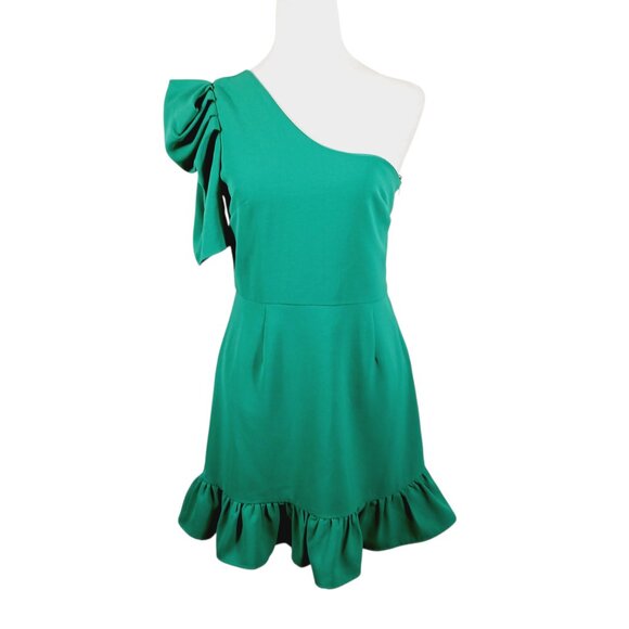 glam, Medium One Shoulder Green Mini Dress, Ruffle Bottom, Party Dress, Cocktail - Picture 3 of 16